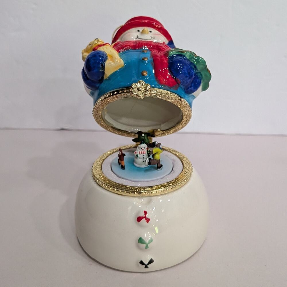 Mr Christmas Porcelain Snowman Hinged Music Box Wind Up Animated Ornament Skater